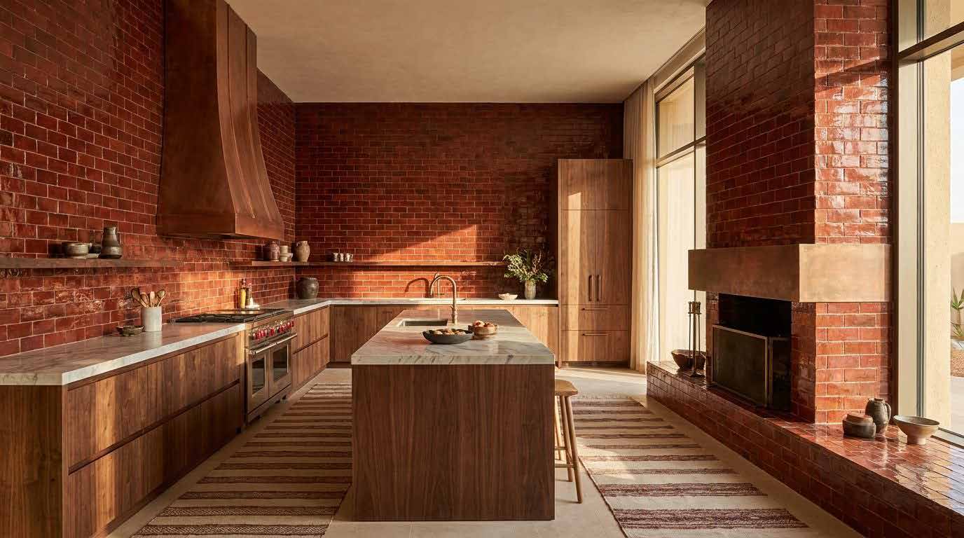 Kitchen clad in handmade red brick with walnut joinery