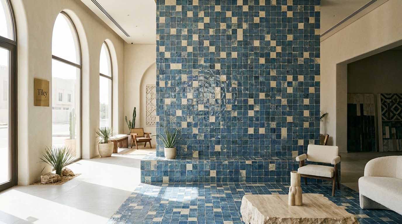 Living space with a blue handmade tile feature wall and arched windows